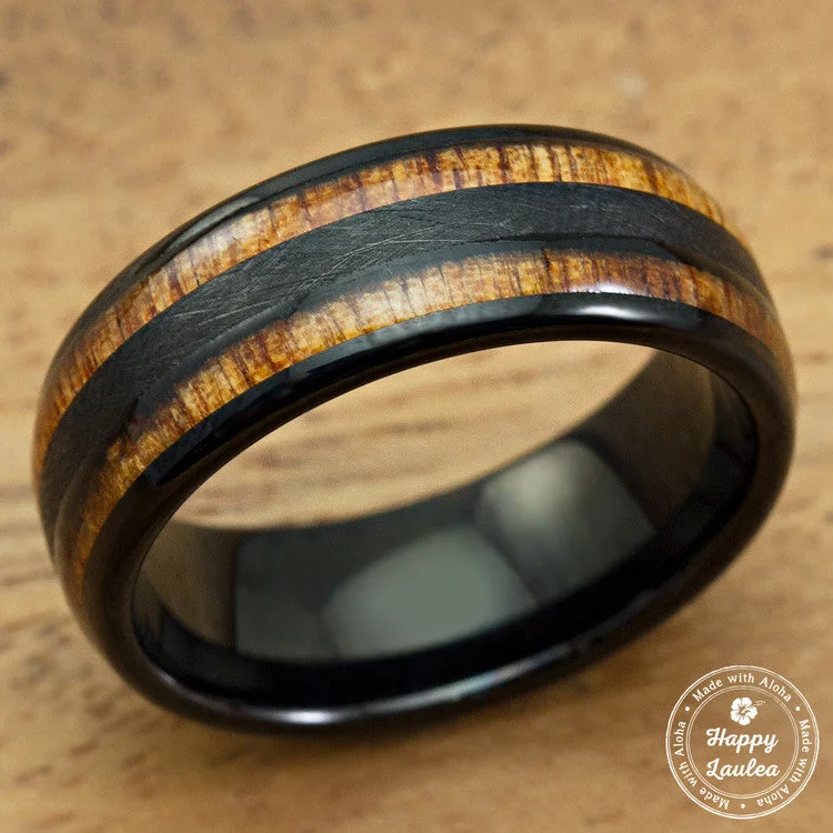 Black Tungsten Carbide Cross Brushed Finished Ring with Duo Koa Wood Inlay - 8mm, Dome Shape, Comfort Fitment