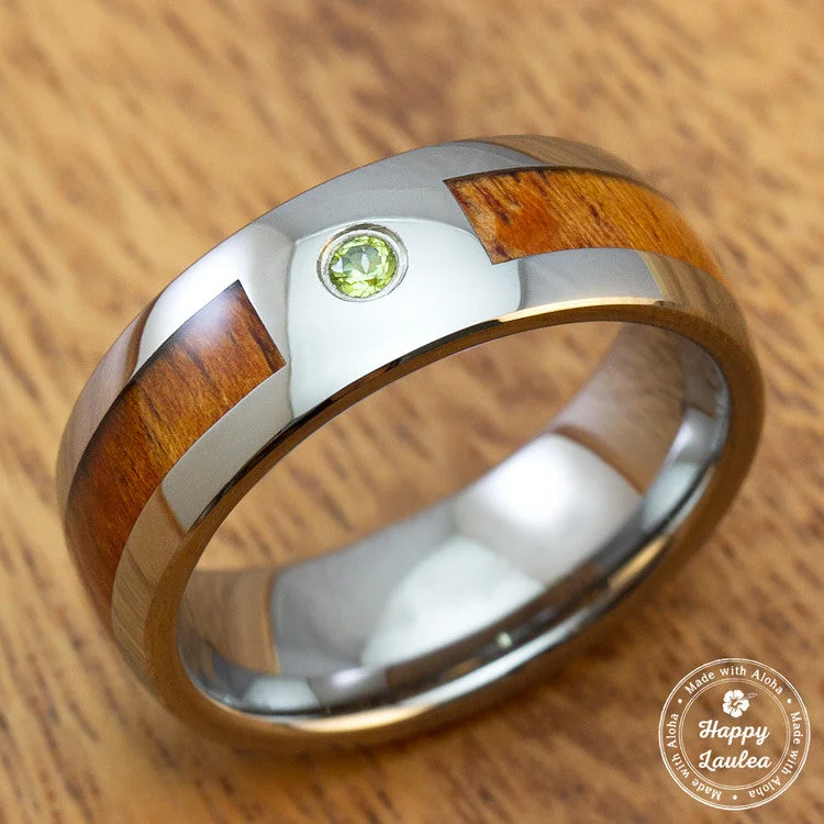 Tungsten Carbide with Peridot Stone Setting Inlaid with Hawaiian Koa Wood