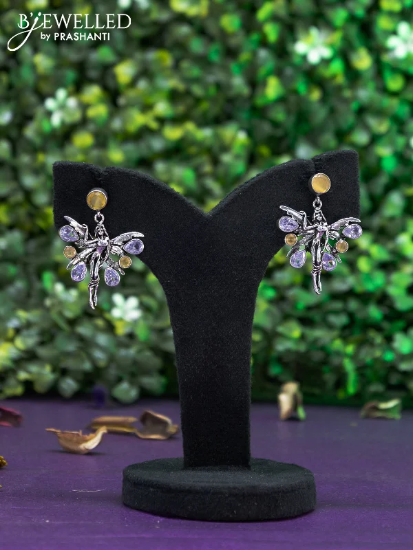 unique earrings for women -Oxidised earring butterfly design with yellow and cz stones