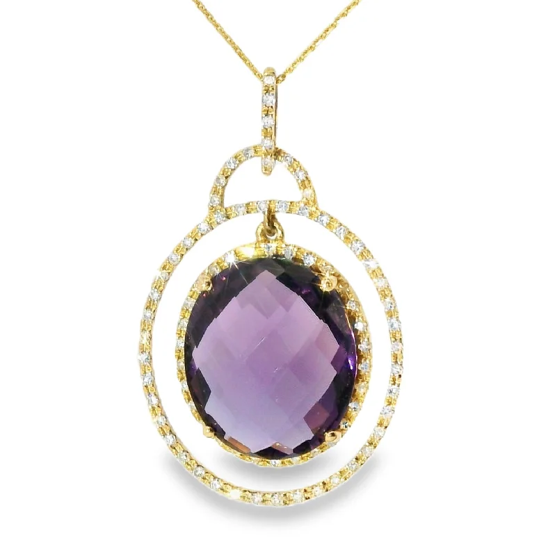 geometric necklaces for women -Gorgeous Estate 14K Yellow Gold Amethyst Diamond Drop Necklace