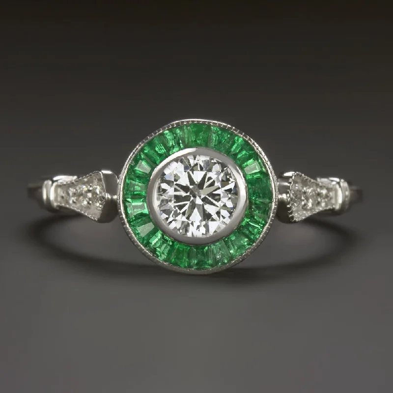 minimalistic engagement rings -ROUND CUT DIAMOND EMERALD ENGAGEMENT RING ART DECO VINTAGE STYLE TARGET HALO