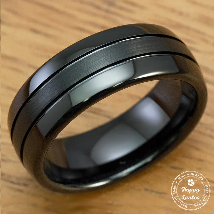 Black Tungsten Carbide Brush Center Finish Ring - 8mm, Dome Shape, Comfort Fitment