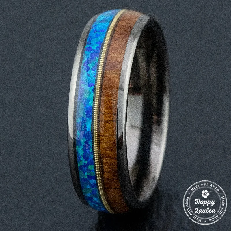 Gun Grey Tungsten Carbide Ring [8mm width] Mid-Guitar String, Blue Opal, & Hawaiian Koa Wood - Barrel Shape