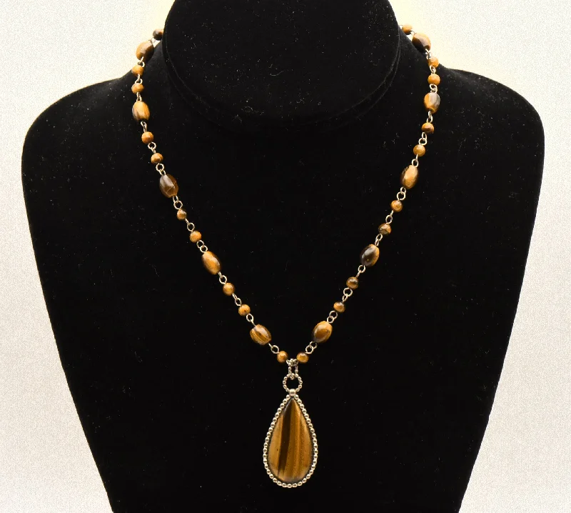 vintage necklaces for women -Vintage Tiger's Eye Pendant on Tiger's Eye Bead Station Necklace