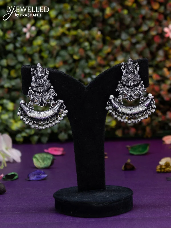 hoop earrings for women -Oxidised earring ganesha design with black stone and pearl hangings