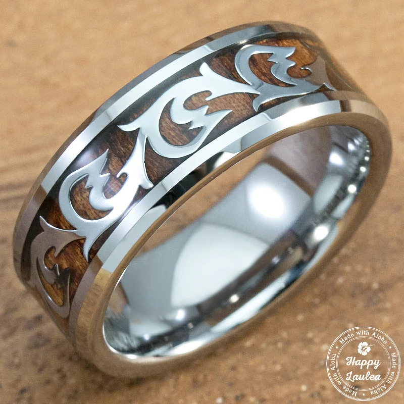 Scroll Wave Pattern and Koa Wood Inlay 8mm Tungsten Ring