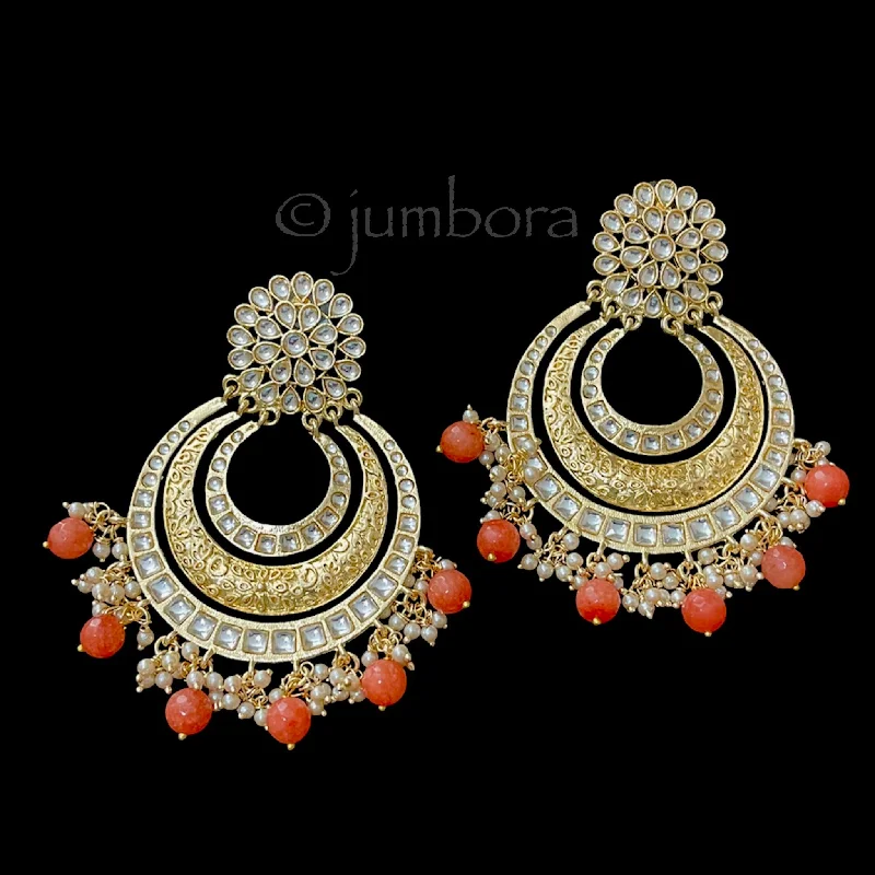 sterling silver earrings -Kundan Chaandbali Earring with Orange agate beads