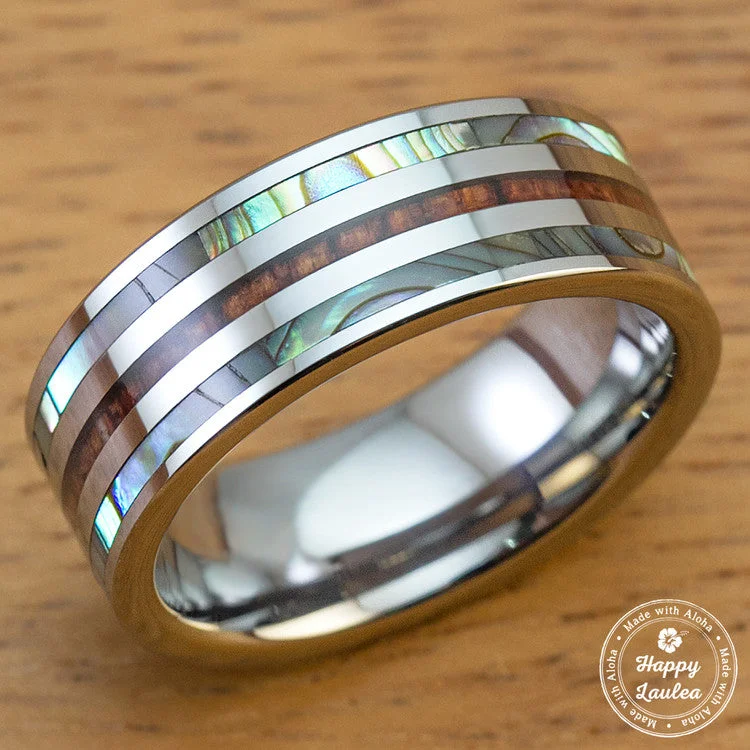 Tungsten Carbide Ring with Hawaiian Koa Wood and Abalone Pau'a Shell Tri Inlay - 8mm, Flat Shape, Comfort Fitment