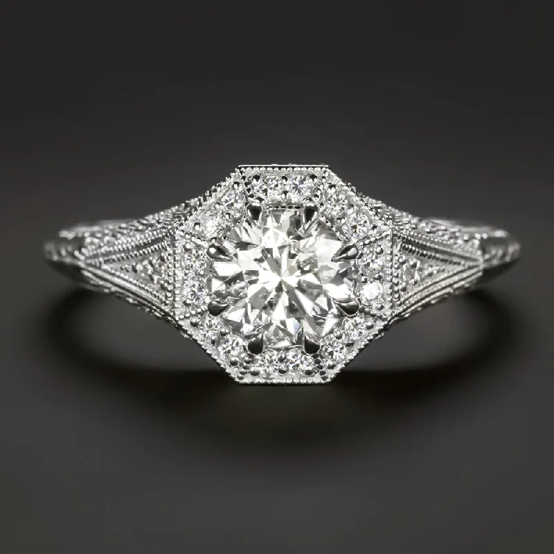 affordable diamond engagement rings -3/4ct VINTAGE STYLE DIAMOND ENGAGEMENT RING ART DECO HALO 14k WHITE GOLD ROUND