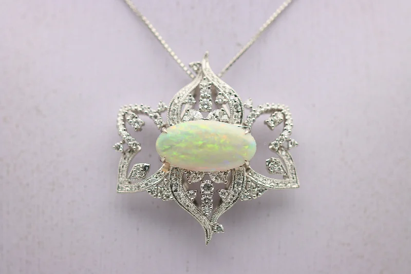 minimalist necklaces for women -Large Australian Crystal Opal Diamond Platinum Pendant