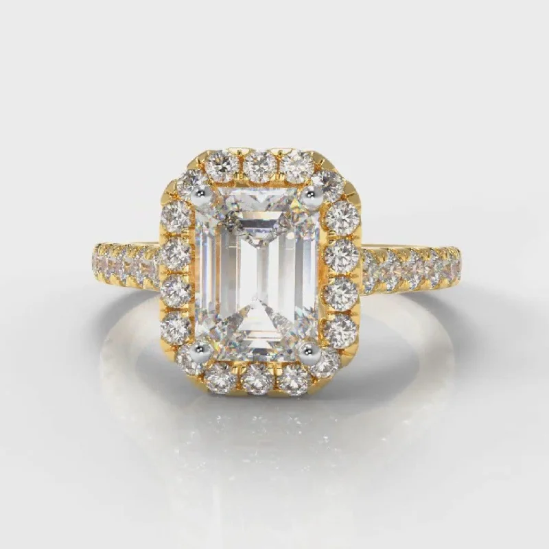 engagement rings for women -Micropavé Emerald Cut Diamond Halo Engagement Ring - Yellow Gold