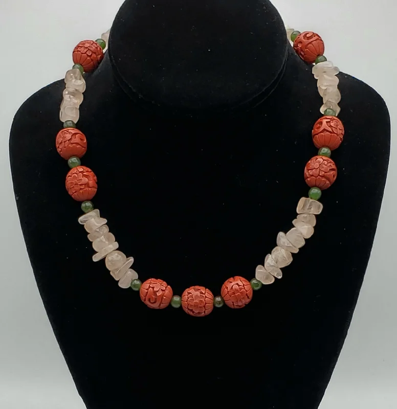 silver chain necklaces for women -Vintage Rose Quartz, Jade and Faux Cinnabar Bead Necklace - 18"