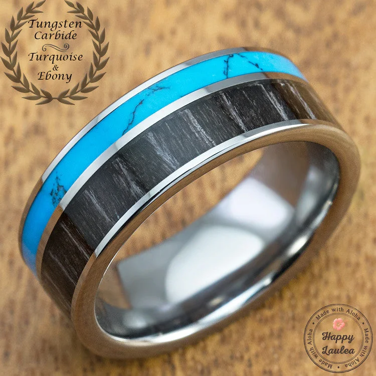 Tungsten Carbide Ring with Ebony Gabon & Aqua Turquoise Inlay - 8mm, Flat Shape, Comfort Fitment (DISCONTINUED)