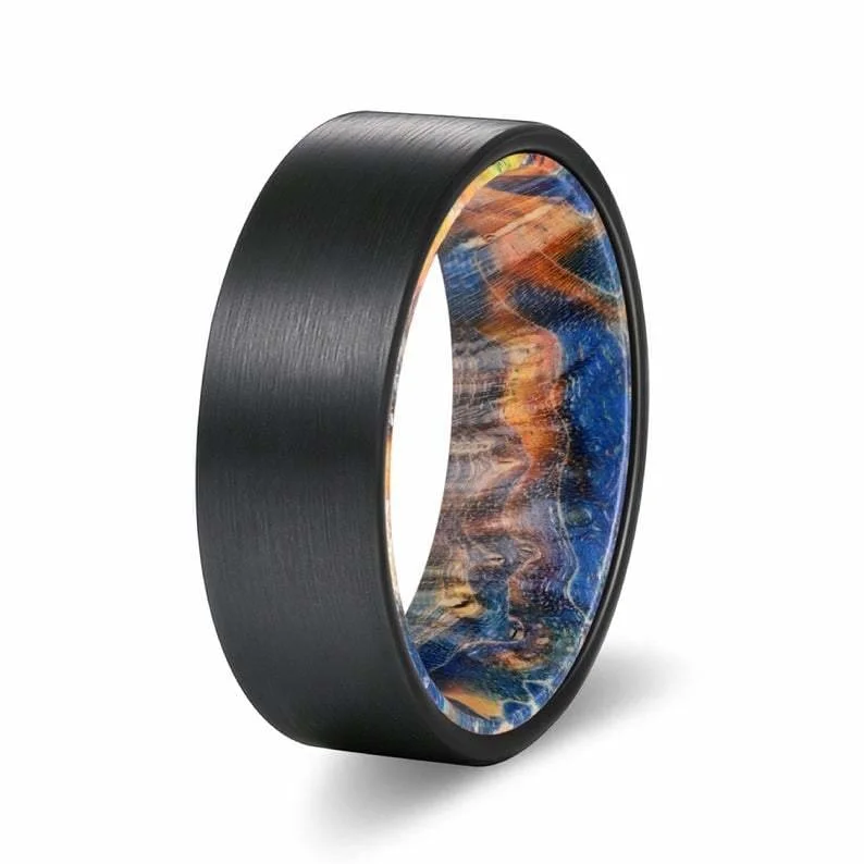 EDEL Black Flat Brushed Tungsten Ring with Blue & Yellow Box Elder Wood Sleeve 6mm - 8mm