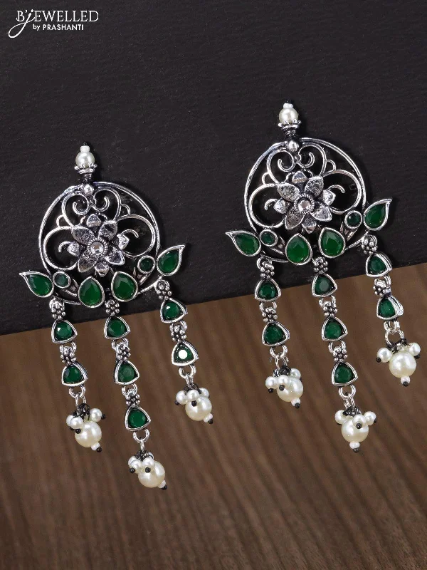 women’s bold earrings -Oxidised earring floral design with emerald stone and pearl hangings