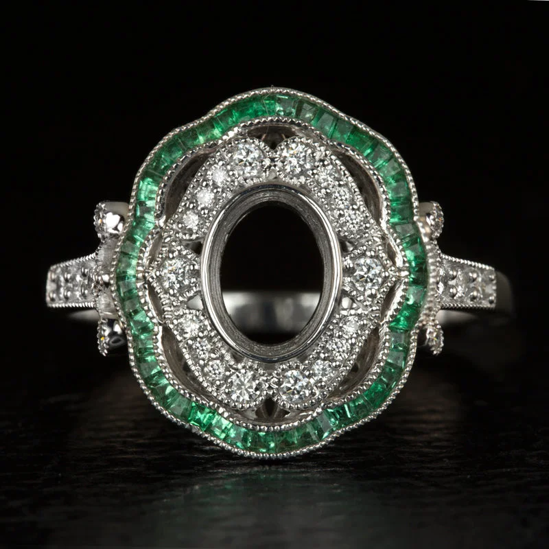 high-end engagement rings -VINTAGE STYLE DIAMOND EMERALD HALO ENGAGEMENT RING SETTING OVAL SEMI MOUNT