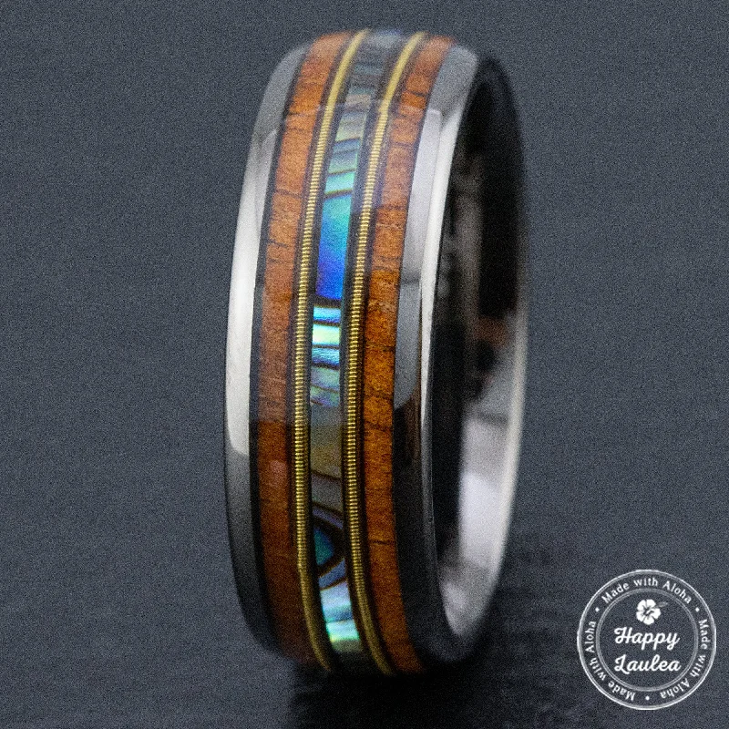 Mid-Guitar String Gun Grey Tungsten Carbide Ring [8mm width] Abalone Shell & Hawaiian Koa Wood Inlay - Barrel Shape