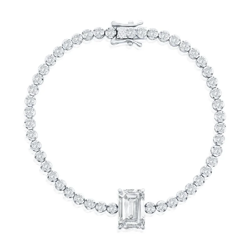 classy gold wedding rings -Sterling Silver, Emerald-Cut & Round CZ Tennis Bracelet