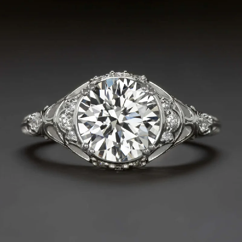 custom vintage engagement rings -VINTAGE STYLE DIAMOND ENGAGEMENT RING 1.85ct CERTIFIED H VS2 ROUND CUT FILIGREE