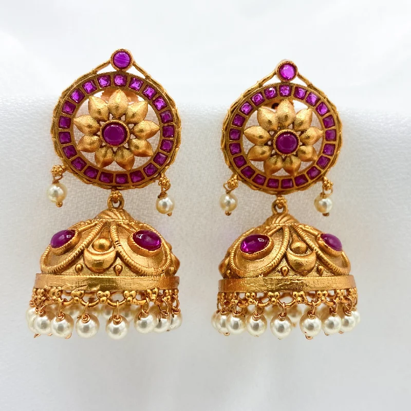 gemstone stud earrings for women -Ethnic Traditional Antique Matte Gold Kempu Jhumka Earring