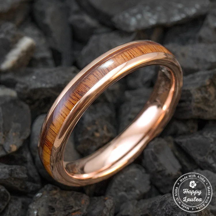 Rose Gold Ion Plated Tungsten Carbide Wedding Ring with Hawaiian Koa Wood Inlay Plating