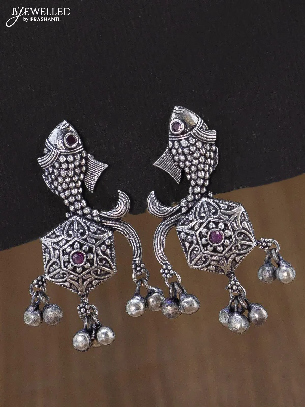 trendy earrings for parties -Oxidised earring fish design with pink kemp stone and hangings