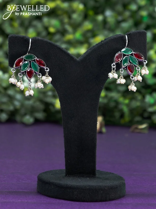 colorful earrings for casual wear -Oxidised hanging type earring with kemp stones and pearl hanhing