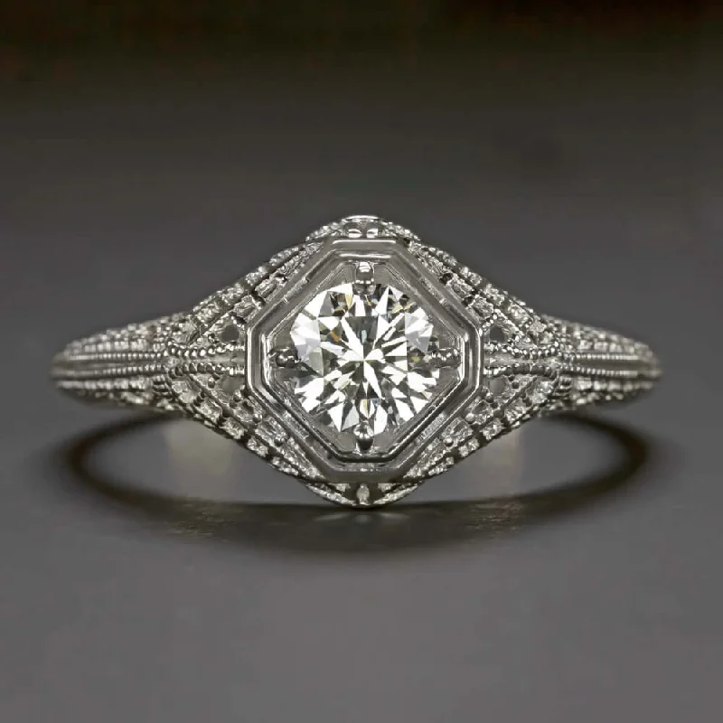 women’s solitaire engagement rings -EXCELLENT CUT G VS2-SI1 DIAMOND ENGAGEMENT RING PLATINUM VINTAGE STYLE FILIGREE