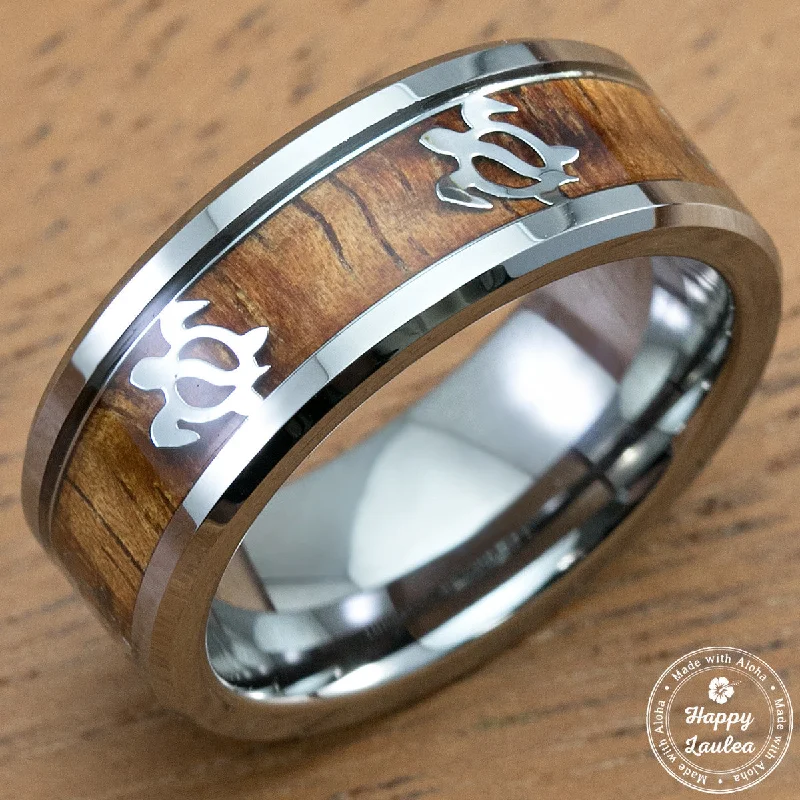 Tungsten 8mm Ring with Hawaiian Sea Turtle Pattern and Koa Wood Inlay, Flat Style Beveled Edges, Comfort Fitment