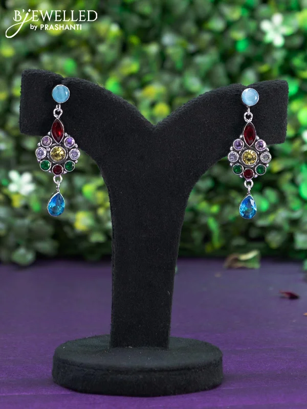 cubic zirconia earrings for women -Oxidised earring with multi colour and cz stones and hanging