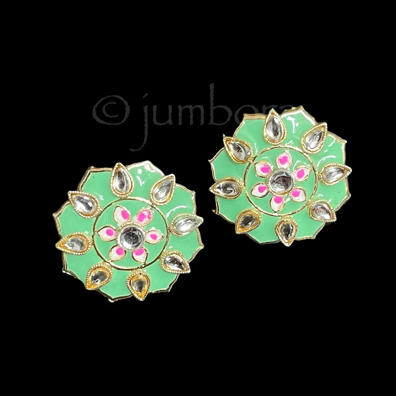 crystal drop earrings -Pastel Mint Green Meenakari Kundan Stud Earring