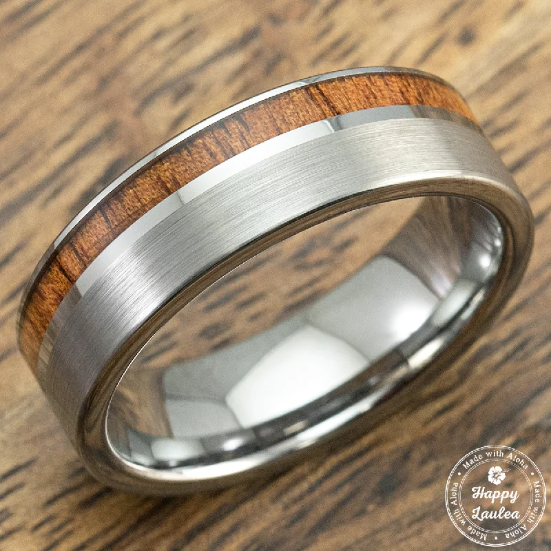 Tungsten Carbide Brush Finish Ring with Offset Koa Wood Inlay-7mm, Comfort Fitment, Flat Shape