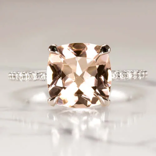 pear shaped engagement rings -9MM CUSHION PEACH PINK MORGANITE DIAMOND ENGAGEMENT RING PAVE BAND 14 WHITE GOLD