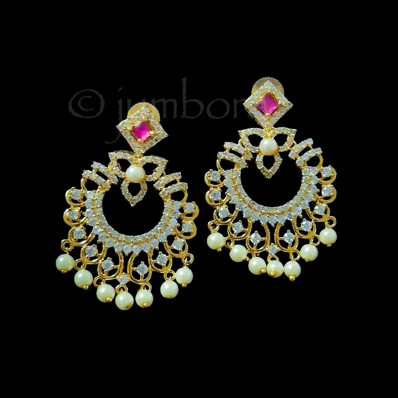 trendy gold earrings for women -Premium White and Ruby Red AD Zircon (CZ) Chandbali earring