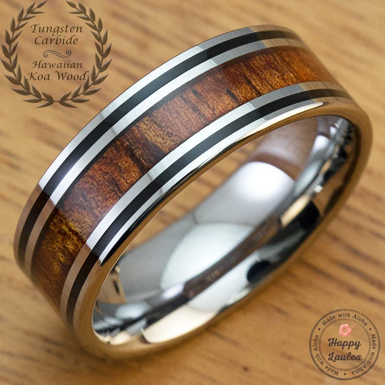 Tungsten Carbide Black Enamel Ring with Koa Wood Inlay - 8mm, Flat Shape, Comfort Fitment