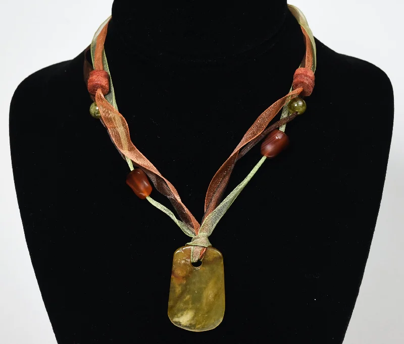 silver necklaces for women -Yellow Jade, Citrine, Carnelian, Red Coral Pendant Ribbon Necklace