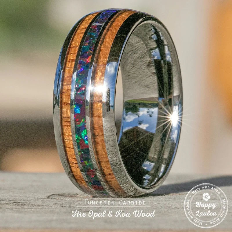 Tungsten Carbide Ring with Fire Opal & Koa Wood Tri Inlay - 8mm, Dome Shape, Comfort Fitment