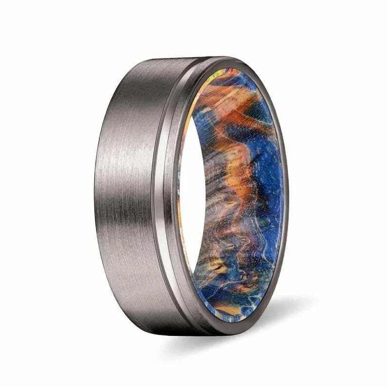 ELIO 8MM Men's Grooved Tungsten Ring with Yellow/Blue Box Elder Wood Sleeve