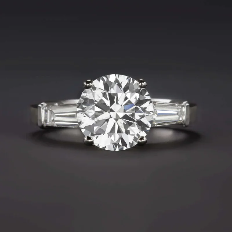 engraved engagement rings -2.70ct E-F SI3 ROUND CUT DIAMOND ENGAGEMENT RING PLATINUM CLASSIC BAGUETTE 2.5ct