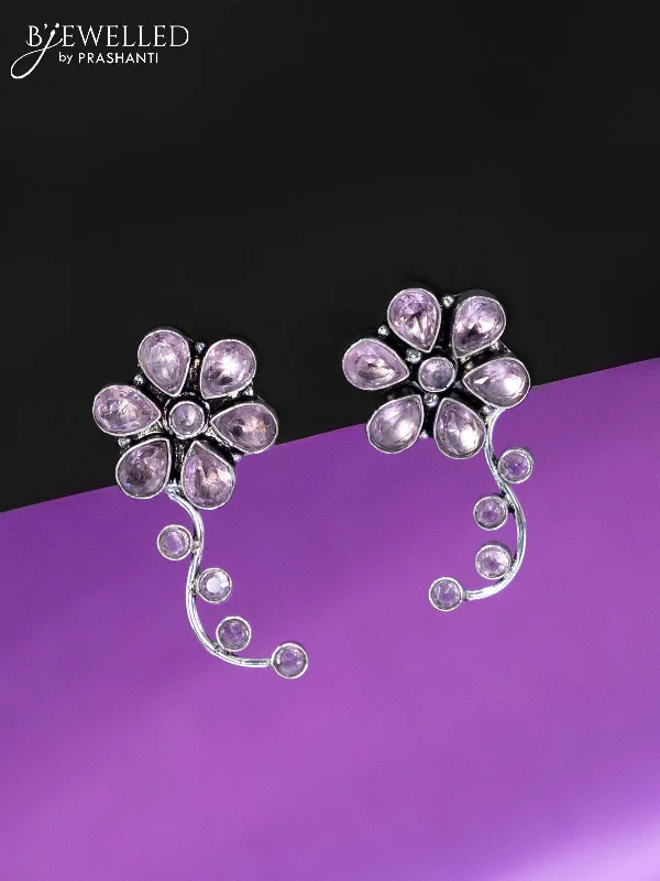 classic pearl earrings for women -Oxidised earrings floral design with baby pink stones