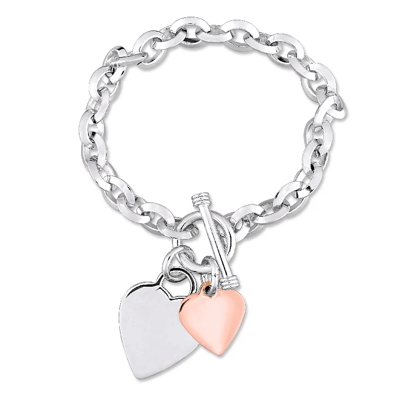 beaded bangles for women -Mimi & Max Oval Link Bracelet with Double Heart Charm and Toggle Clasp in 2-tone Rose and White Sterling Silver