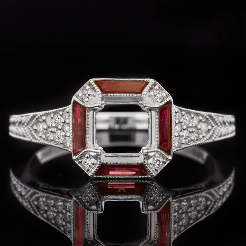 gold band engagement rings -VINTAGE STYLE DIAMOND RUBY SQUARE ENGAGEMENT RING SETTING ROUND CUSHION MOUNT