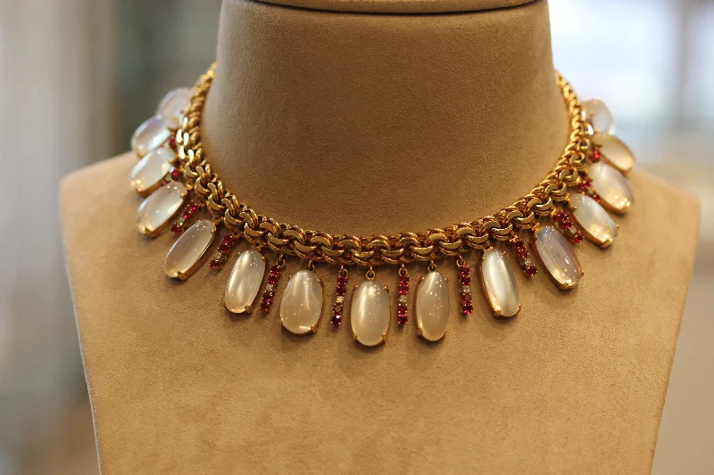 crystal necklaces for women -Retro Moonstone Ruby Diamond Gold Choker Necklace