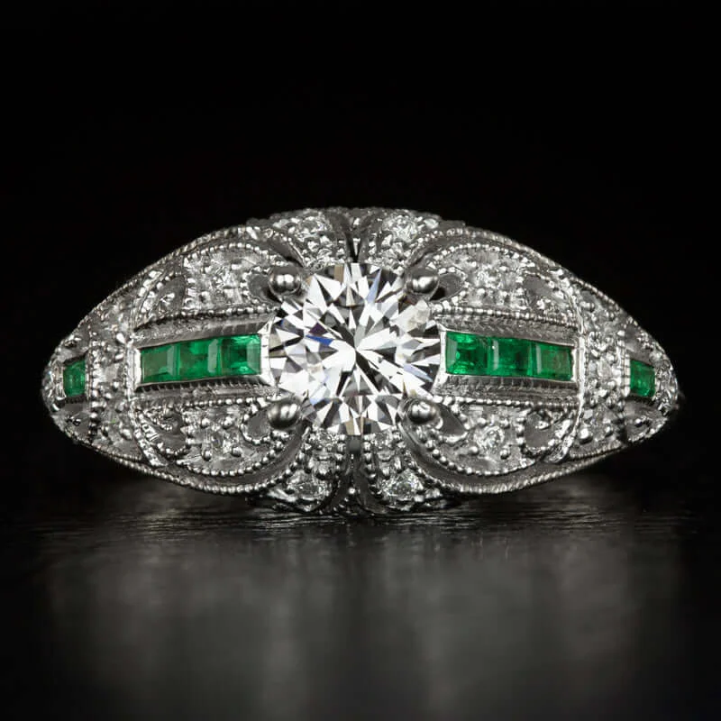 custom engagement rings -0.85ct DIAMOND EMERALD ART DECO STYLE ENGAGEMENT RING VINTAGE ROUND WHITE GOLD