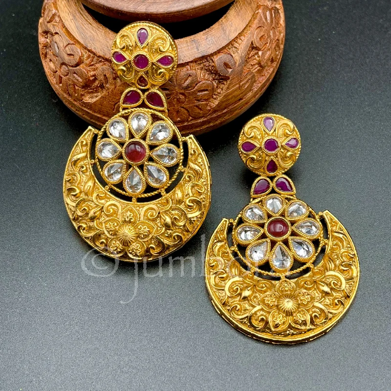 small gold earrings for women -Traditional Matte Gold Long Earring with Ruby red and white AD stone