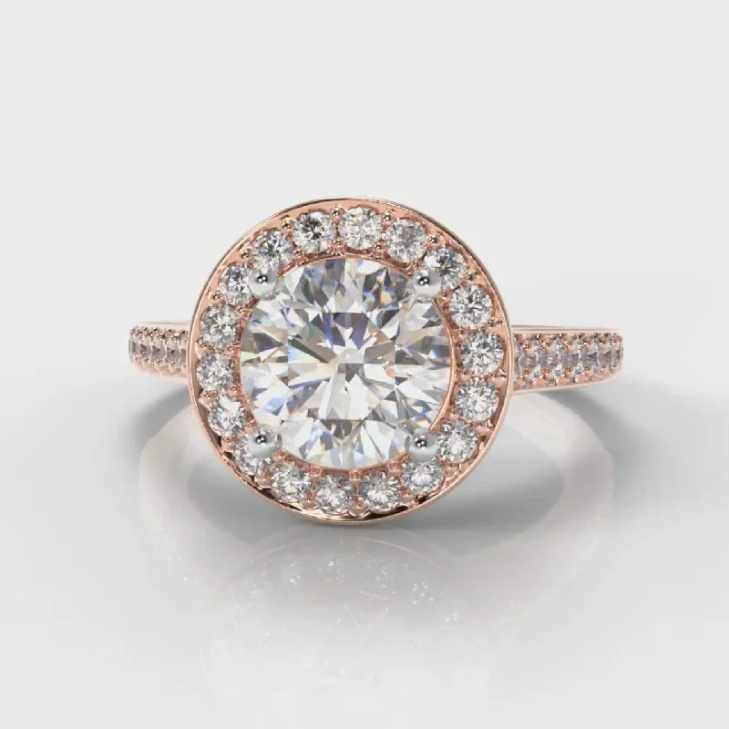 bridal solitaire engagement rings -Pavé Round Brilliant Diamond Halo Engagement Ring - Rose Gold