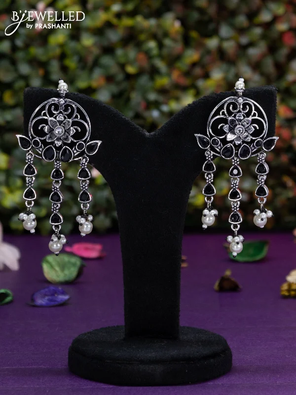 classic dangly earrings for women -Oxidised earring floral design with black stones and pearl hangings