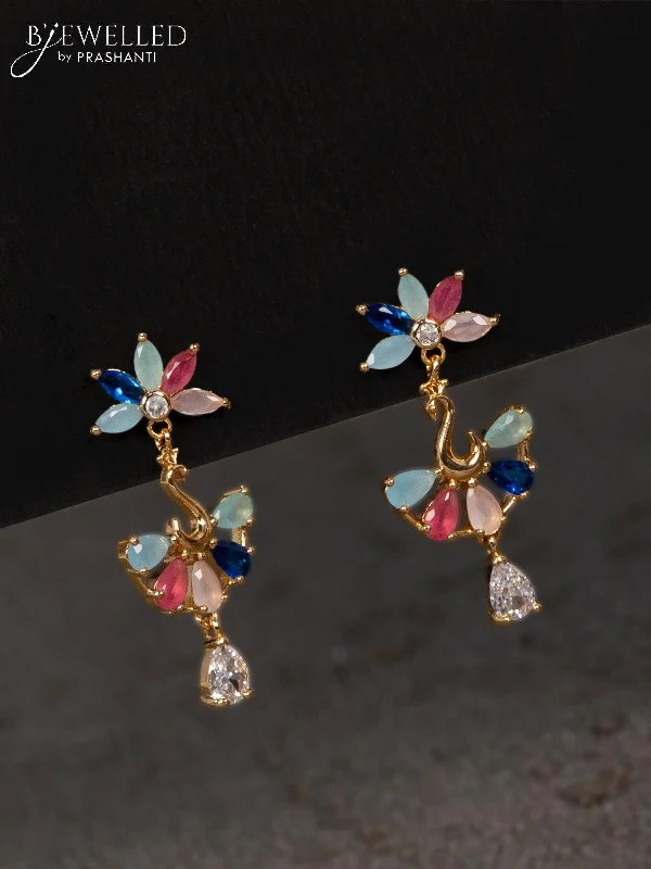 bohemian earrings for women -Rose gold earrings peacock design with multicolour & cz stones and hangings