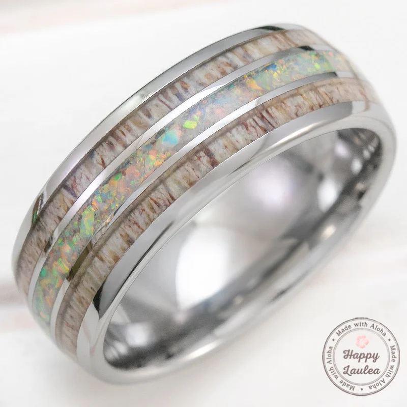 Tungsten Carbide 8mm Ring with White Opal & Antler Tri-Inlay - Dome Shape, Comfort Fitment