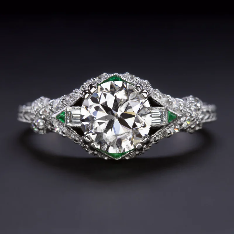 wedding engagement rings -1.21ct ROUND BRILLIANT CUT DIAMOND ENGAGEMENT RING VINTAGE STYLE EMERALD ONYX